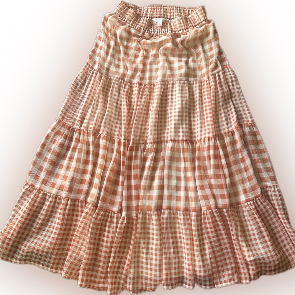 LC Lauren Conrad Peach and White Gingham Tiered Midi Skirt